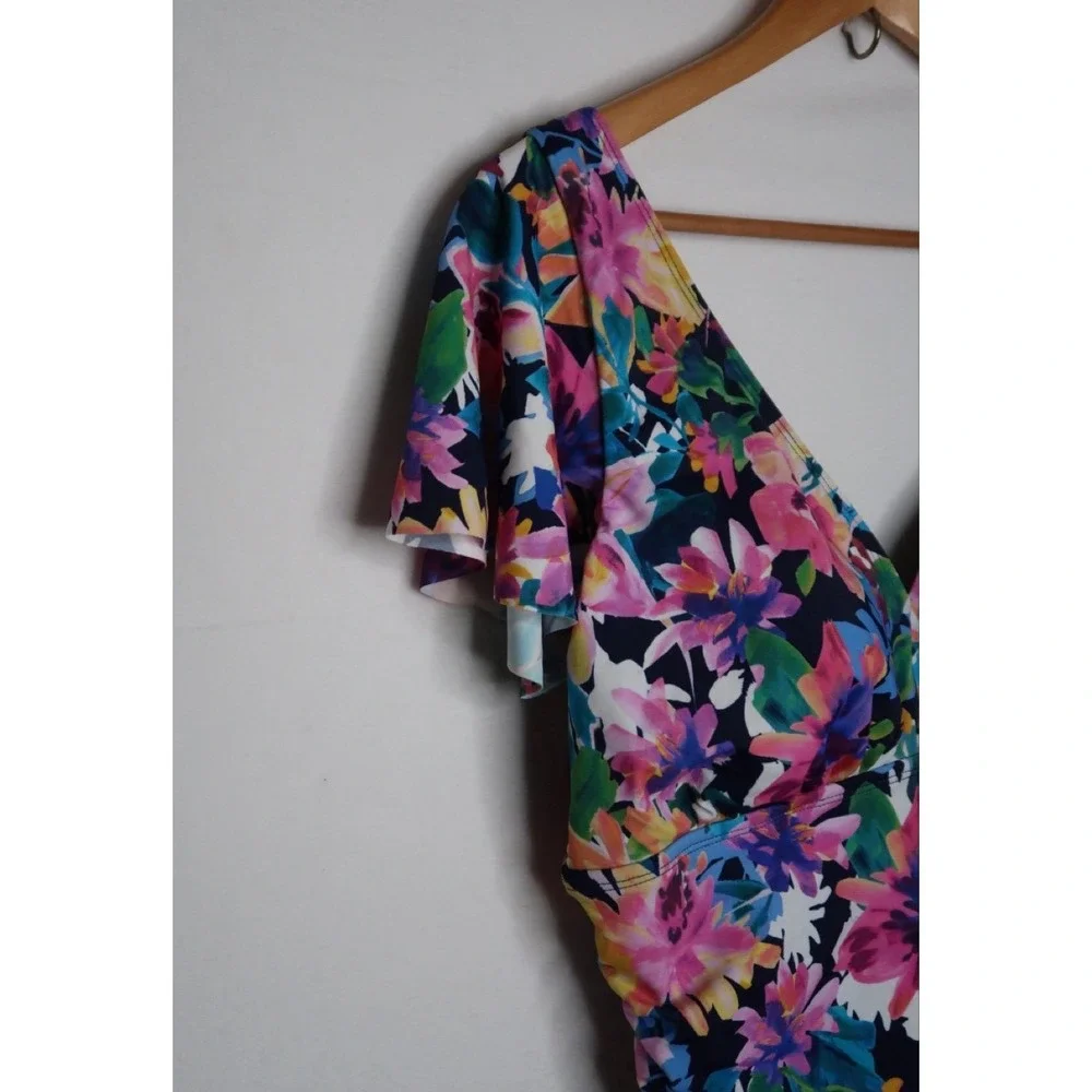 Swim Solutions Garden Dreams One Piece Swimsuit Flutter Sleeve Floral 18 NWT